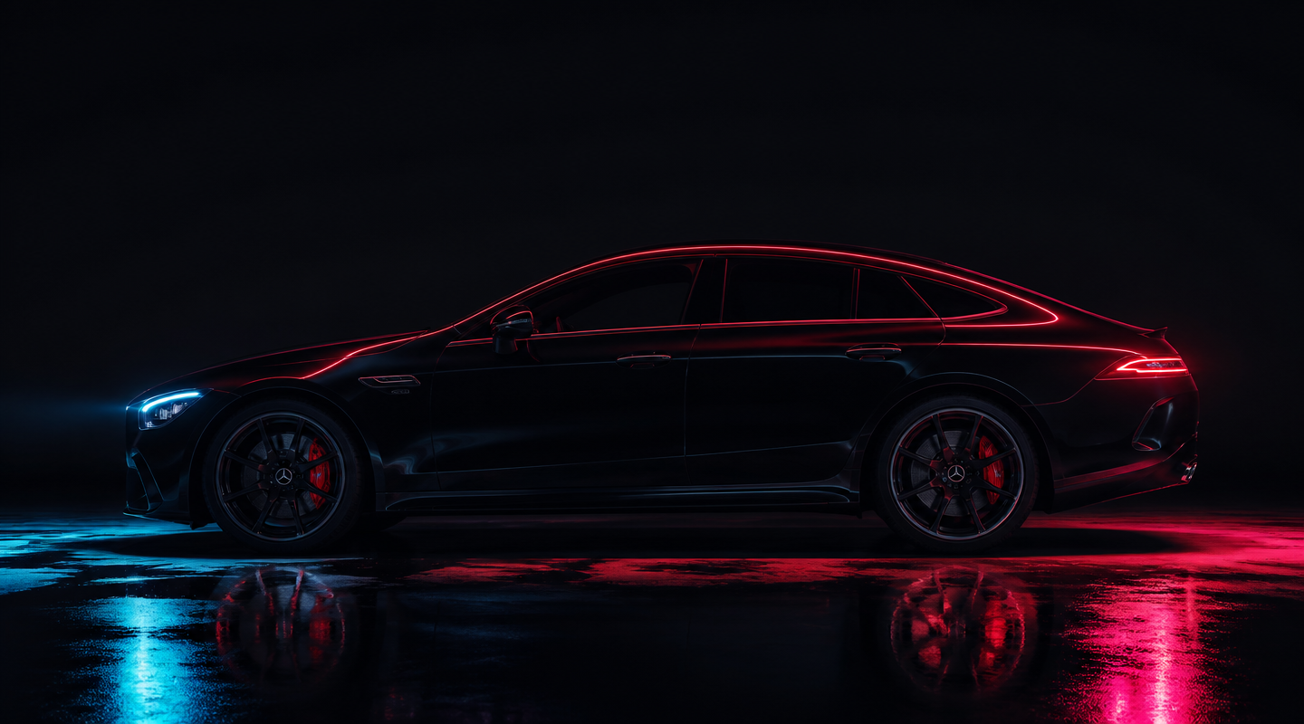 High-end sport sedan silhouette with crimson neon accents